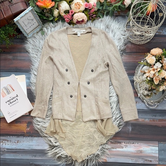 Max Studio 2 Ply Cashmere Beige sheer Panel High-Low Jacket - Picture 2 of 11